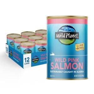 Canned wild pink salmon, omega-3 rich healthy grocery item