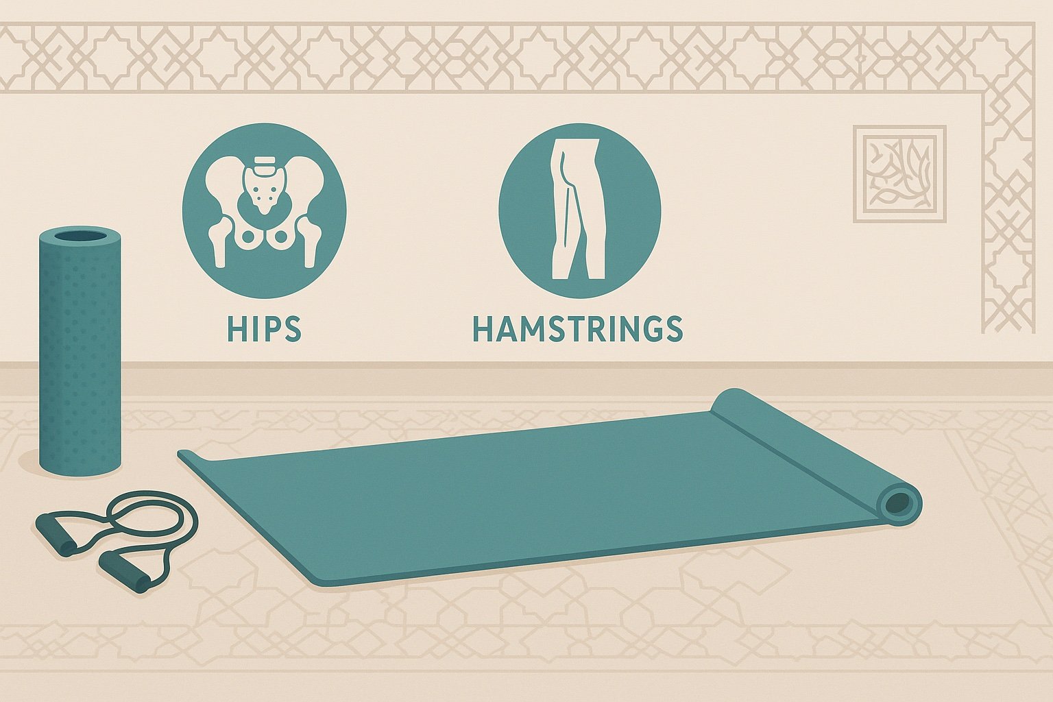 Mobility routine to fix tight hips and hamstrings teal yoga mat, foam roller, and resistance bands with hip and hamstring anatomy icons, Islamic geometric décor.