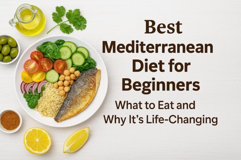 Best Mediterranean diet for beginners healthy meal with grilled fish, vegetables, couscous, olives, and olive oil