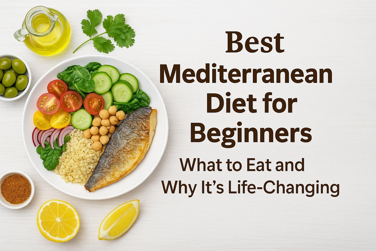 Best Mediterranean diet for beginners healthy meal with grilled fish, vegetables, couscous, olives, and olive oil