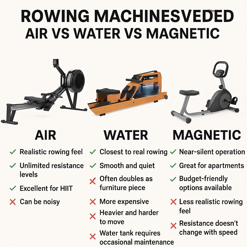 Comparison infographic showing air, water, and magnetic rowing machines side by side with images and key pros and cons of each type: air rowers offer realistic feel but are noisy, water rowers mimic real rowing with a smooth ride but are expensive and require maintenance, and magnetic rowers are quiet and affordable but less realistic.