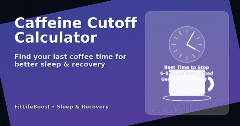 Caffeine Cutoff Calculator featured image with clock and coffee mug, showing best time to stop caffeine for better sleep by FitLifeBoost.