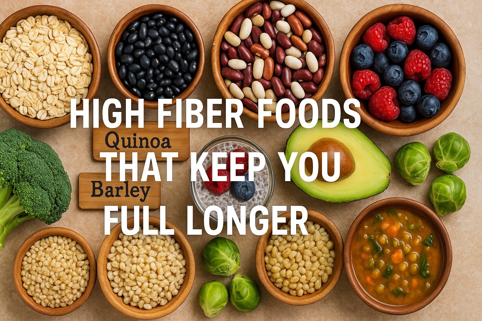 High fiber foods that keep you full longer—oats, beans, quinoa, berries, avocado, Brussels sprouts, and lentil soup on a rustic table.