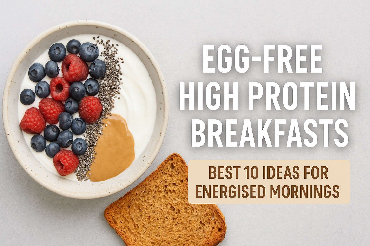 Egg-free high protein breakfast bowl with Greek yogurt, blueberries, raspberries, chia seeds, nut butter, and toast — concept image for easy high protein breakfasts with no eggs.