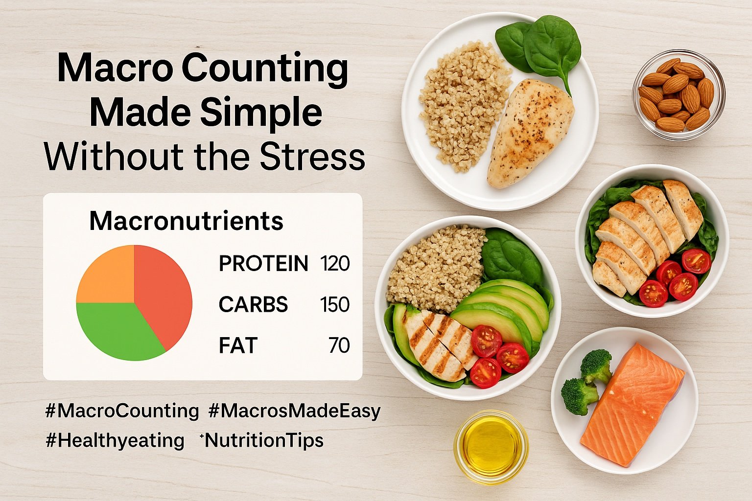 Macro counting made simple with healthy meals including protein, quinoa, salmon, avocado, and a nutrient chart