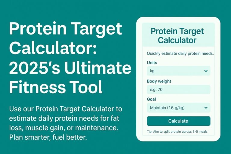 Protein Target Calculator 2025 banner showing calculator interface with units, weight input, goal options, and tagline "Plan smarter, fuel better."