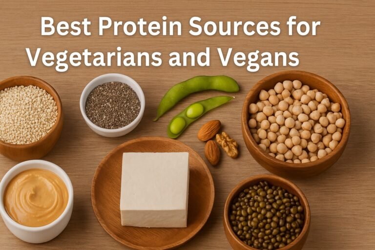 best protein sources for vegetarians and vegans arranged on a wooden table including tofu, chickpeas, quinoa, chia seeds, edamame, nuts