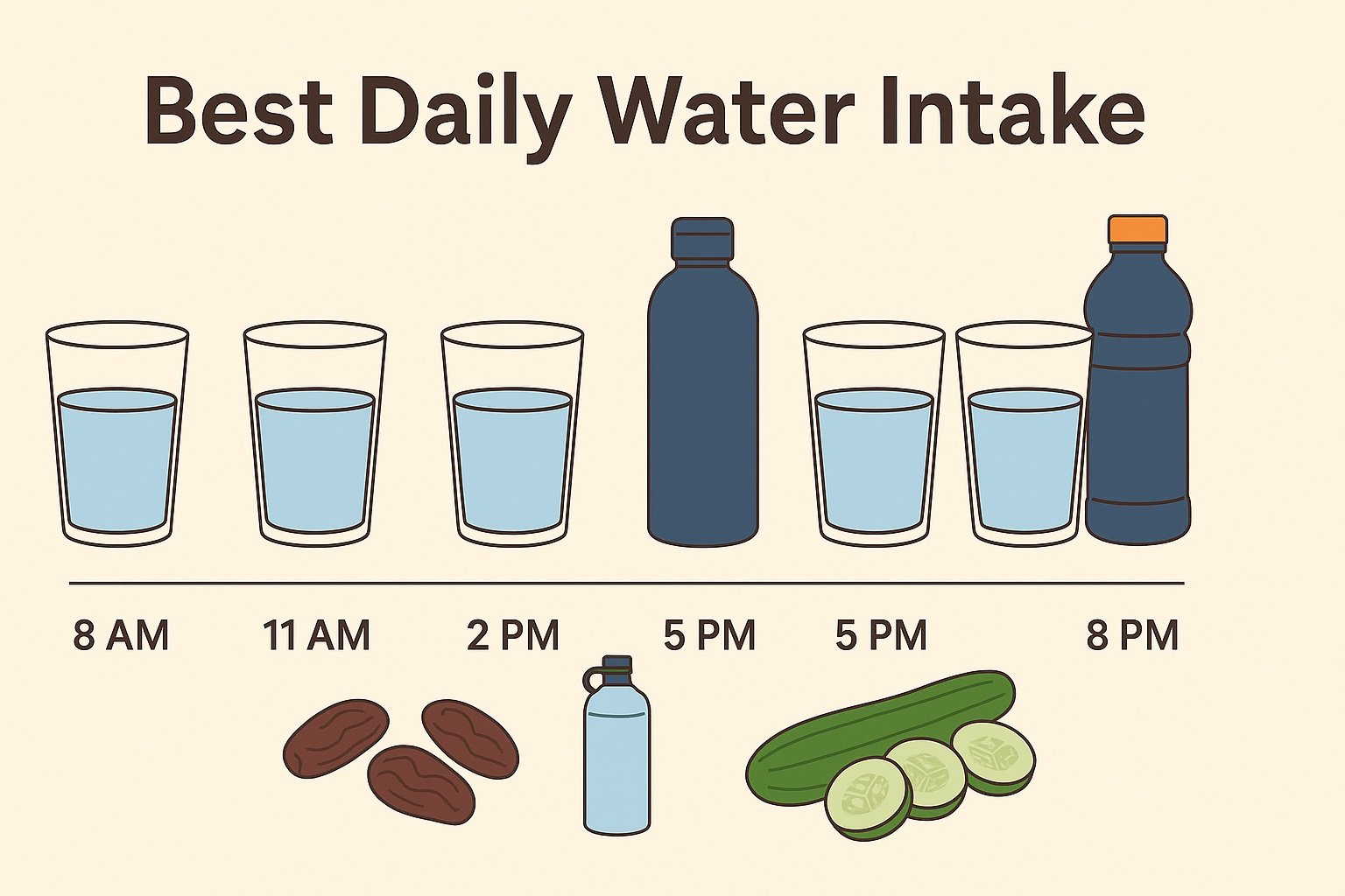 best daily water intake timeline with cups and bottles plus dates and cucumber, halal friendly