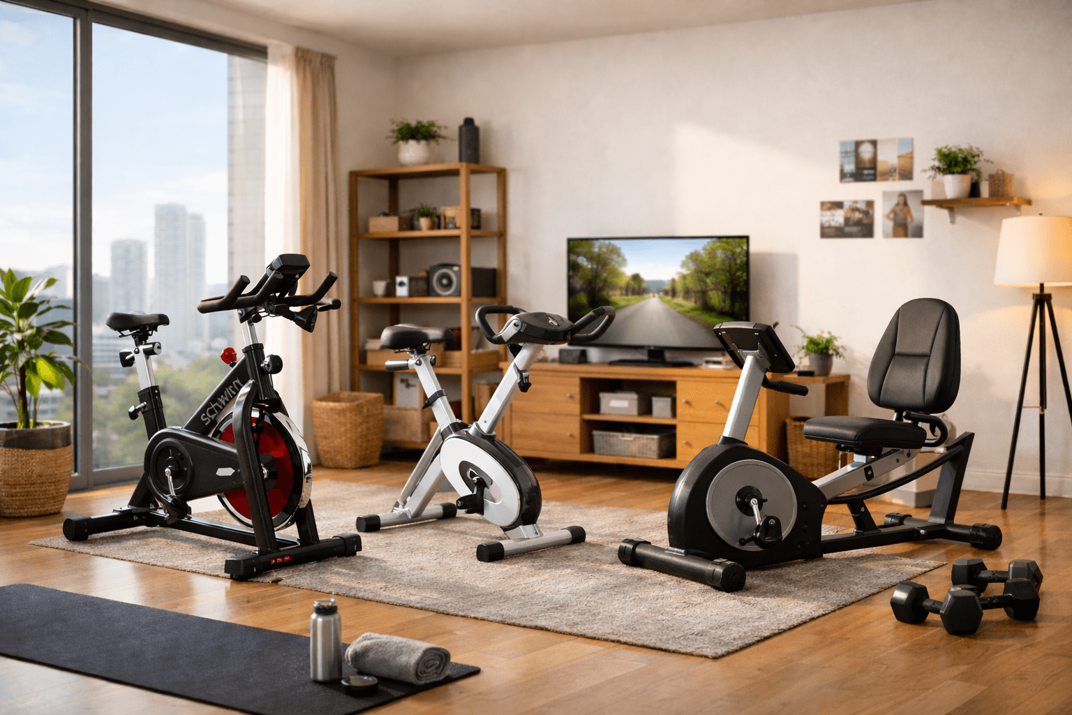 Best budget stationary bikes for home workouts displayed in a modern, well-lit apartment home gym with no people present.