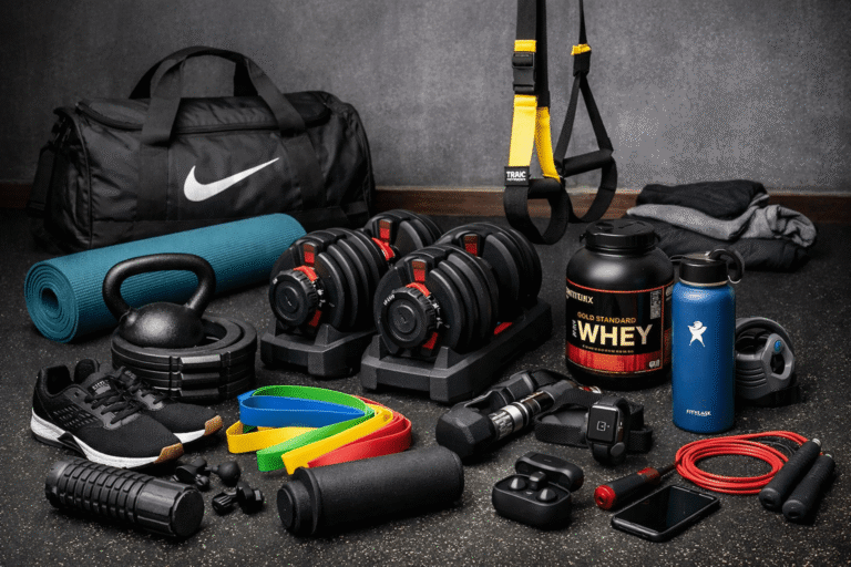 A collection of the best workout gear on Amazon including resistance bands, dumbbells, and a yoga mat in a home gym setup.