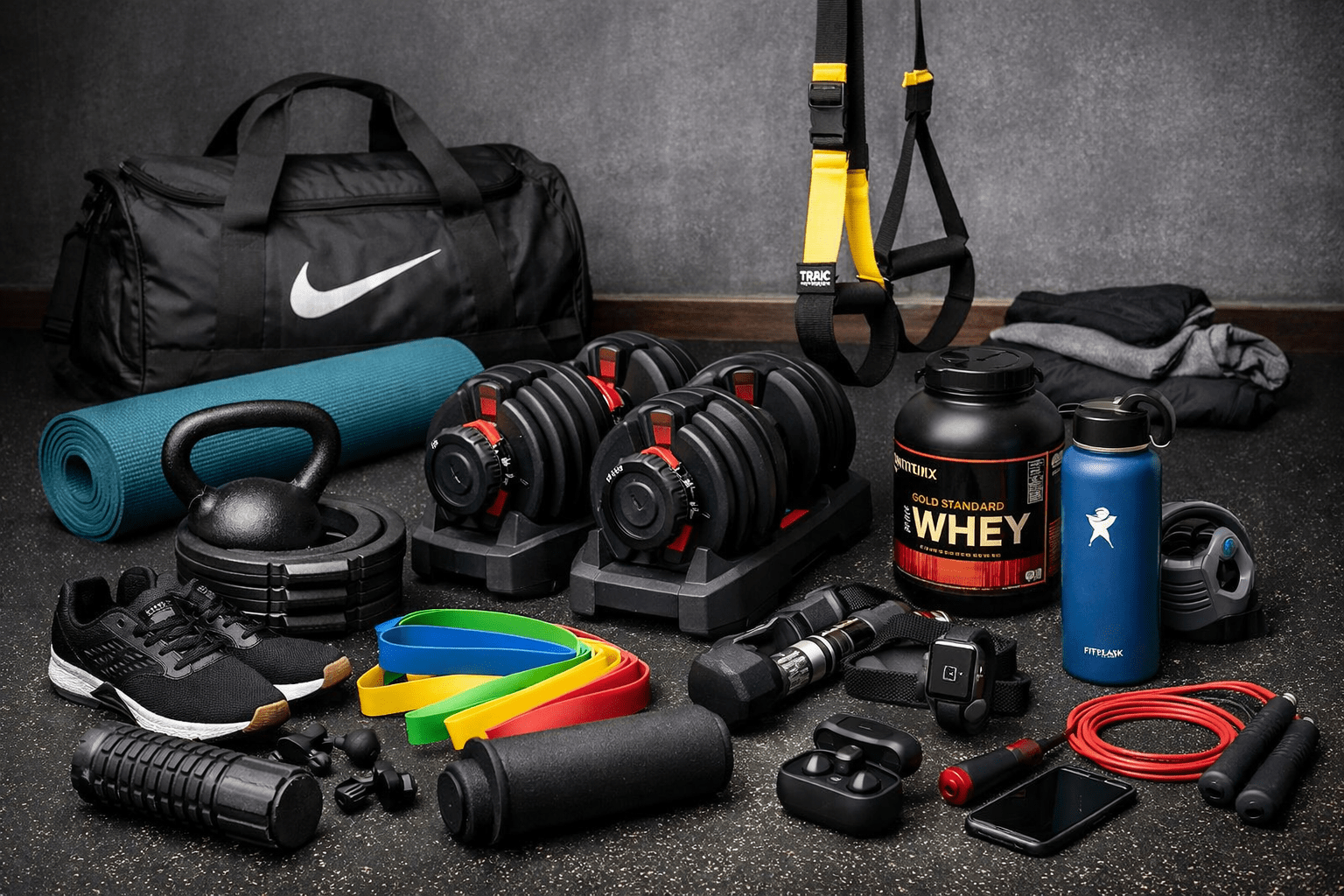A collection of the best workout gear on Amazon including resistance bands, dumbbells, and a yoga mat in a home gym setup.