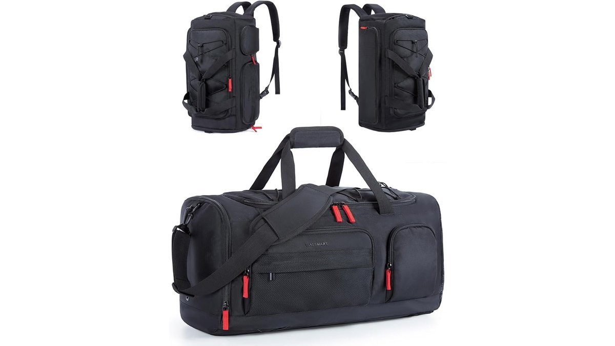 Bosstin gym bag for men displayed open on a modern gym counter