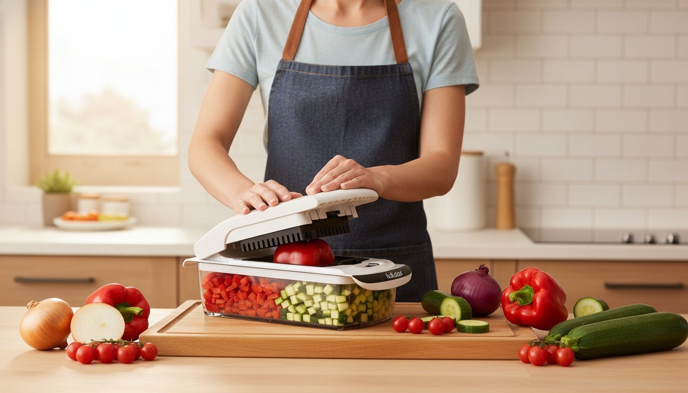 Fullstar Pro vegetable chopper with fresh chopped veggies on counter