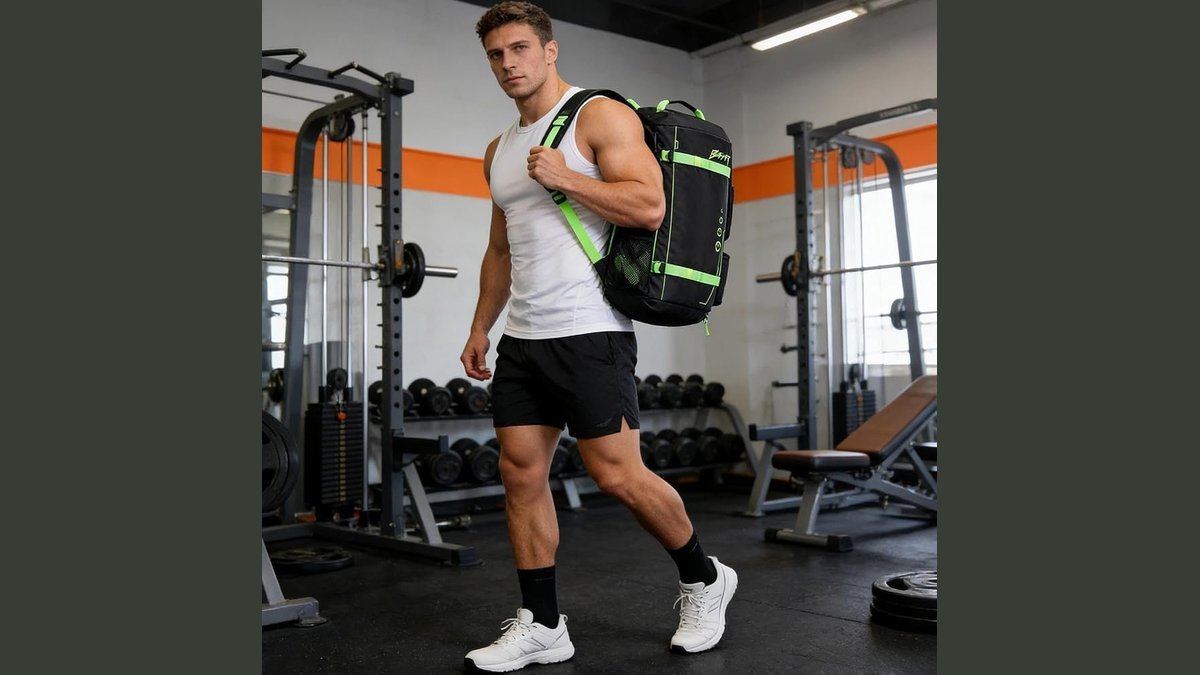 Open convertible gym duffel bag filled with workout gear on a counter