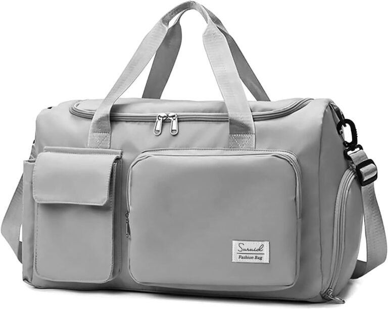 Open unisex gym bag displaying packed sneakers and workout clothes