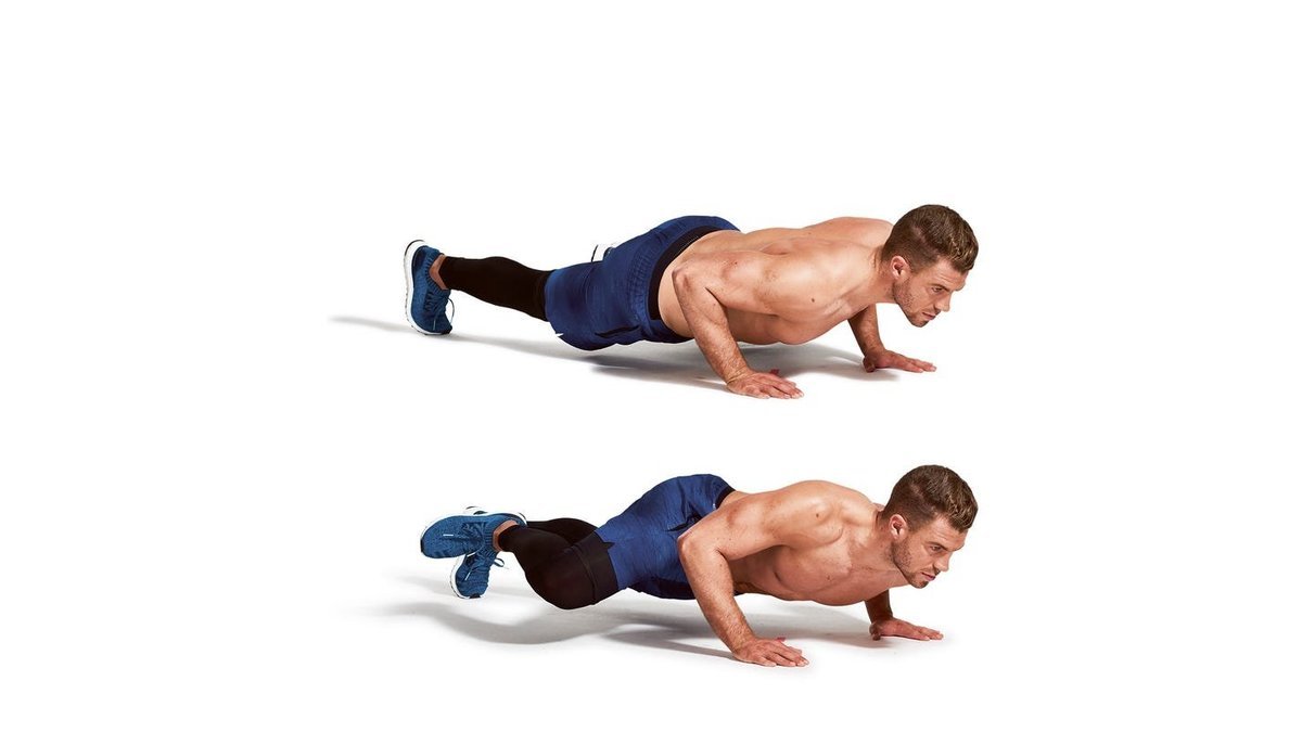 Person doing push-ups at home to build muscle in a bright living room.