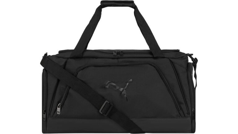 PUMA Accelerator Duffel Bag displayed in a bright modern gym environment.