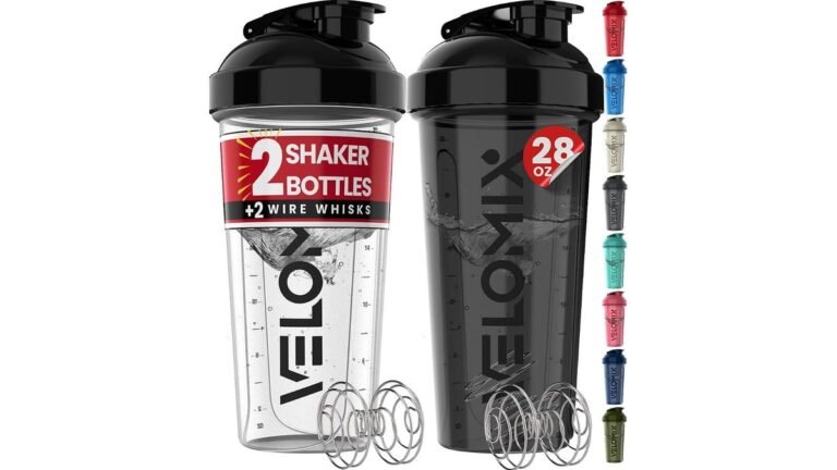 Velomix protein shaker bottle with vanilla shake on kitchen counter